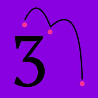 (cover image - issue 3) Number 3 in the image bottom left corner, accompanied by a curved line that bounces off of three circles, starting at the top left of the image and ending at the bottom right. The number and the line are black, the background is a bright violet and circles pink